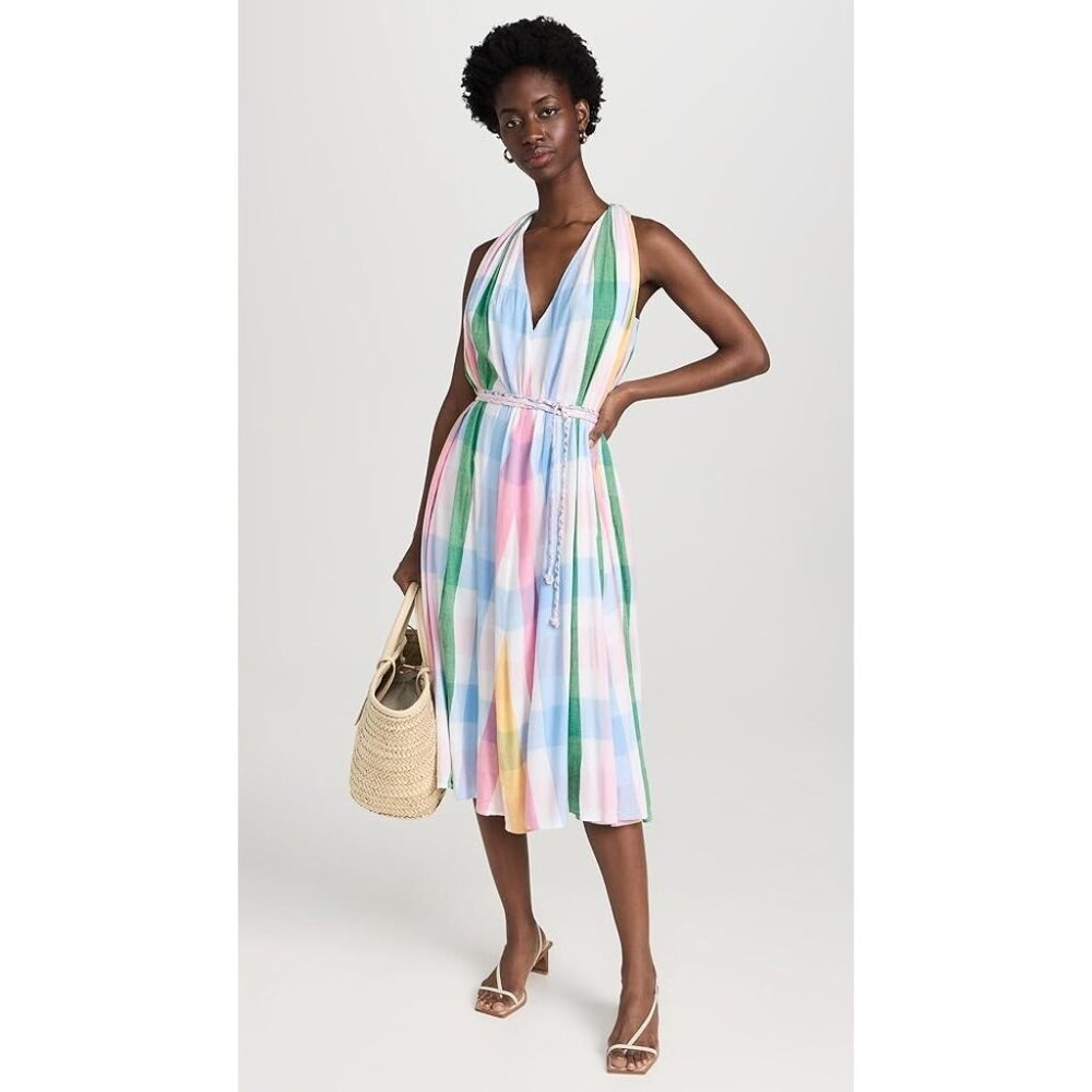 New Mille Marilyn Belted Sleeveless Cotton Midi Dress in Pastel‎ Colors Plaid L